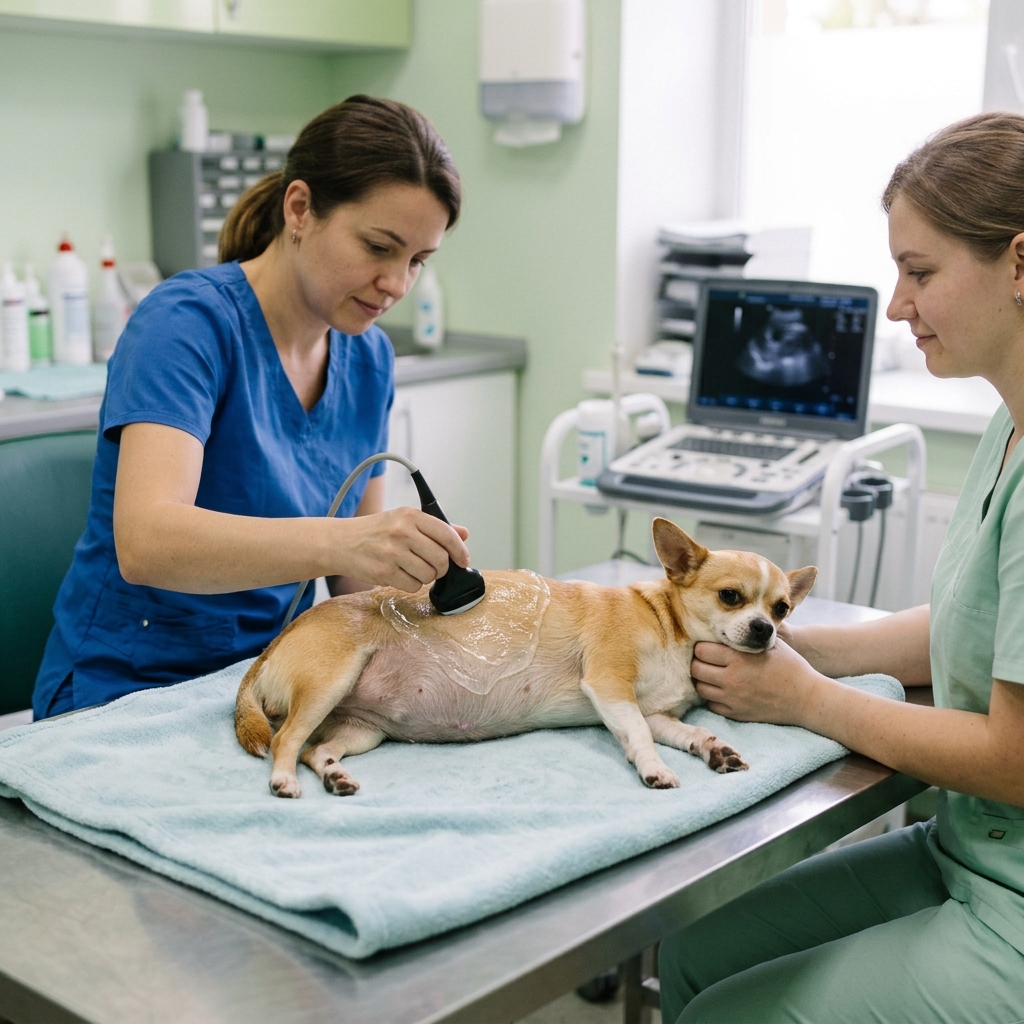 Eine tierärztliche Untersuchung: Eine trächtige Hündin liegt auf dem Tisch, eine Tierärztin führt eine Ultraschallsonde über den Bauch, eine Assistentin hält den Kopf.